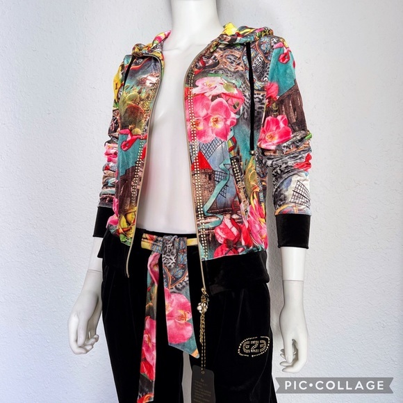 WOMEN VELOUR TRACKSUIT 2P SET JACKET/BLACK PANTS LOUNGEWEAR FLORAL PRINT HOODED‎ - Picture 8 of 12